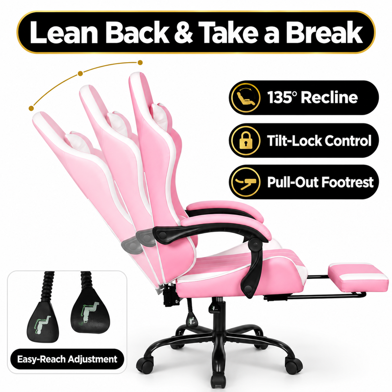 Pink Gaming Chairs – High-Back Reclining Styles with Footrest & Lumbar Support - 8