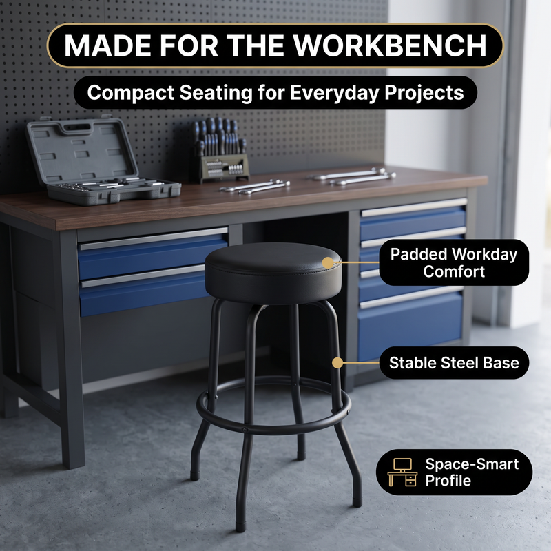 Swivel Bar Stool for Garage & Shop - Backless Counter Stool with Padded Seat, Workbench Stool for Workshop, Single Bar Stool with Chrome Legs - 8