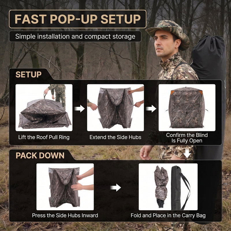 Silent Pop Up Hunting Blind with 270° See Through View – Waterproof Camo Ground Blind Tent for Turkey and Deer Hunting, 1-7 Person Capacity - 8