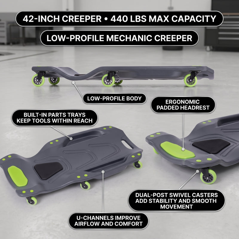 Low Profile Rolling Garage Creeper - Mechanic Creeper with Padded Headrest & Tool Trays, Under Car Roller for Automotive Repair, Rolling Car Creeper - 8
