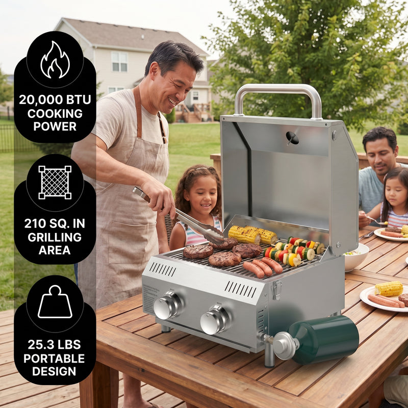 PORTABLE STAINLESS STEEL TABLETOP PROPANE GRILL – 2 & 3 BURNER OUTDOOR BBQ OPTIONS - 8