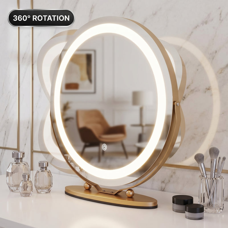 LED Vanity Mirror with Halo Lights – 12" & 19" | Dimmable LED Makeup Mirror with 360° Rotation, Touch Control | Gold & White - 8