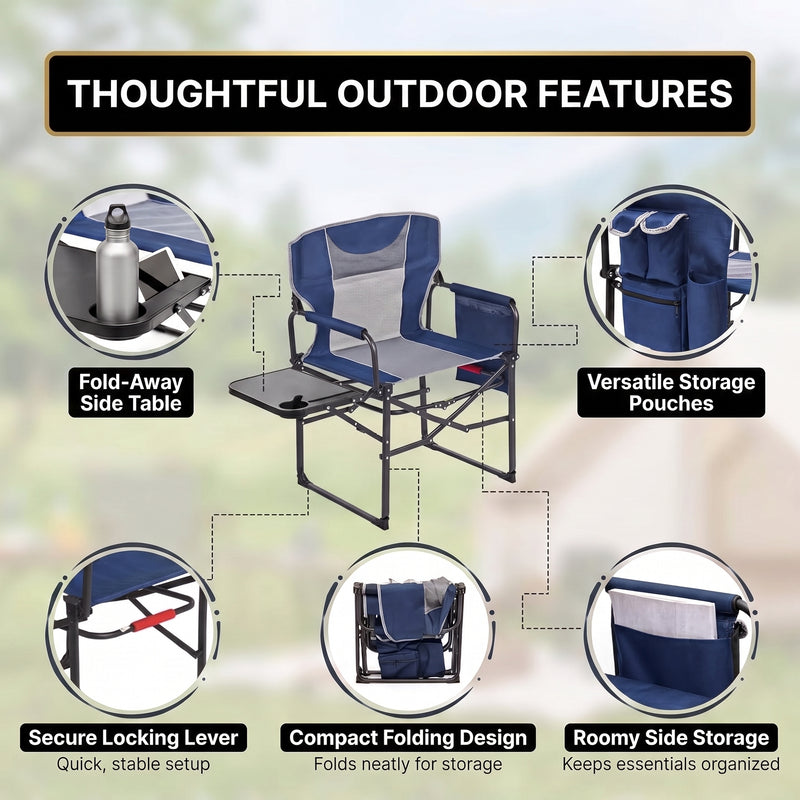 Camping Directors Chair, Heavy Duty,Oversized Portable Folding Chair with Side Table, Pocket for Beach, Fishing,Trip,Picnic,Lawn Blue - 8