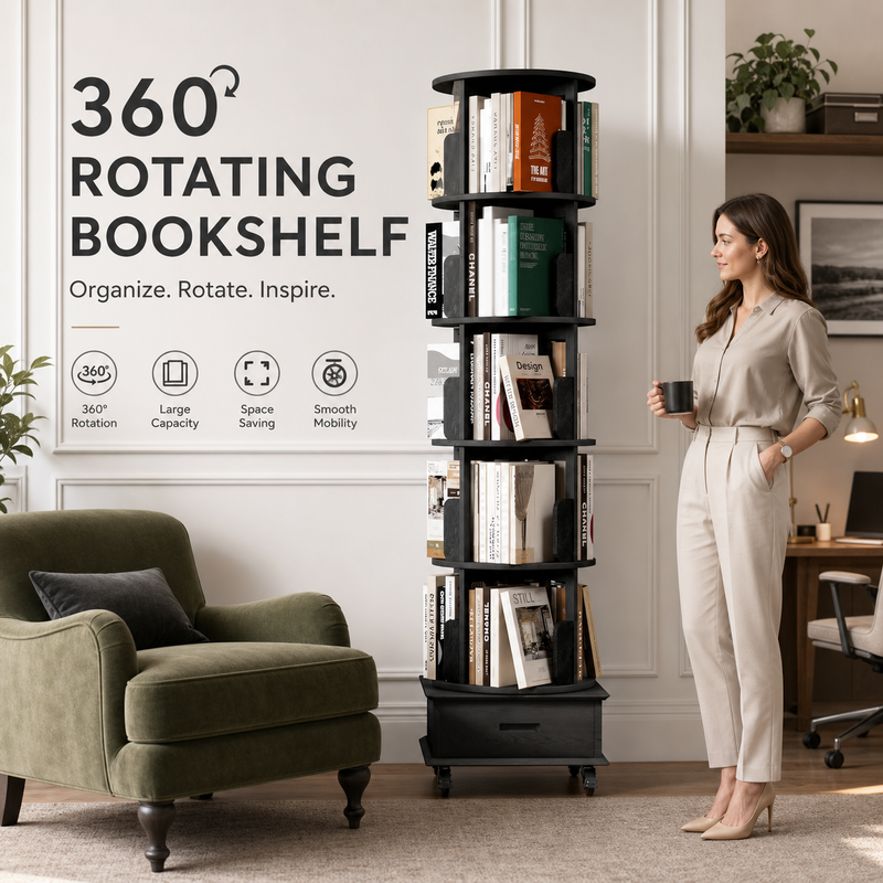Rotating Bookshelf Tower – 360° Spinning Bookcase | 5 & 6-Tier, Solid Wood & MDF - 8