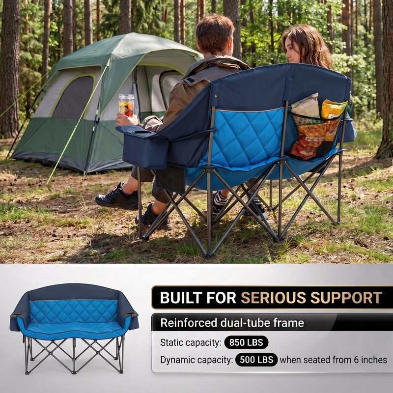 Oversized Padded 2-Person Folding Camping Loveseat Chair – Heavy Duty Outdoor Seating - 8