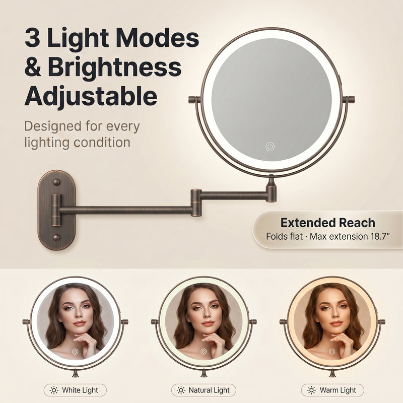 LED Lighted Magnifying Makeup Mirror – Rechargeable, Wall-Mount with Adjustable Brightness - 8 (add)