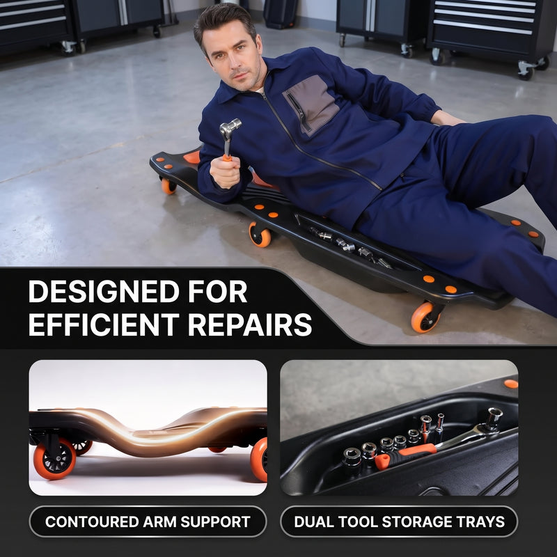 Low Profile Rolling Garage Creeper - Mechanic Creeper with Padded Headrest & Tool Trays, Under Car Roller for Automotive Repair, Rolling Car Creeper - 8