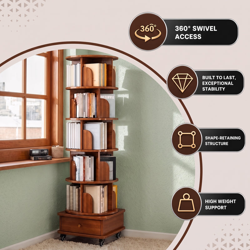 Rotating Bookshelf Tower – 360° Spinning Bookcase | 5 & 6-Tier, Solid Wood & MDF - 8