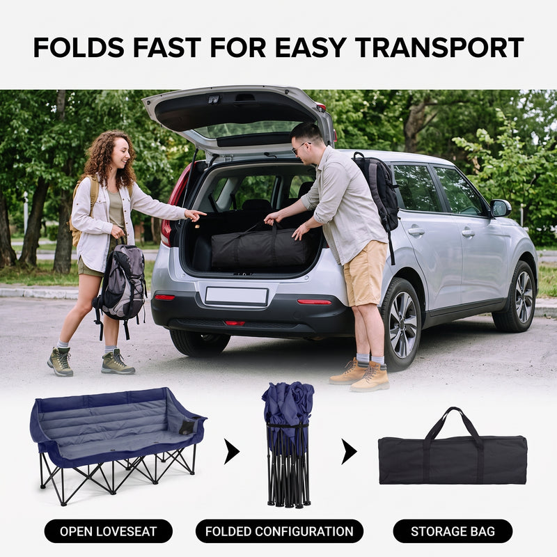 Oversized Padded 3-Person Folding Camping Loveseat Chair – Heavy Duty Outdoor Seating - 8