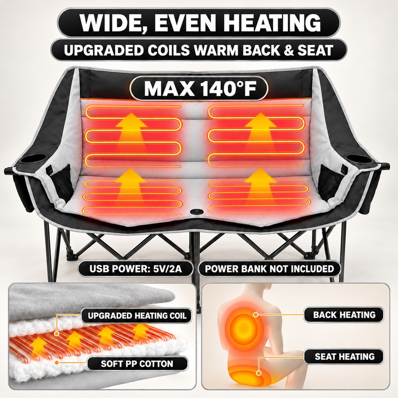Double Heated Camping Chair with 3 Heat Levels & USB Power Pocket - 8