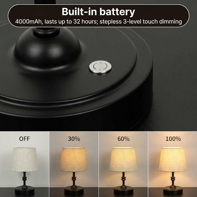 Cordless Table Lamp with Fabric Shade – Rechargeable, Dimmable LED - 8