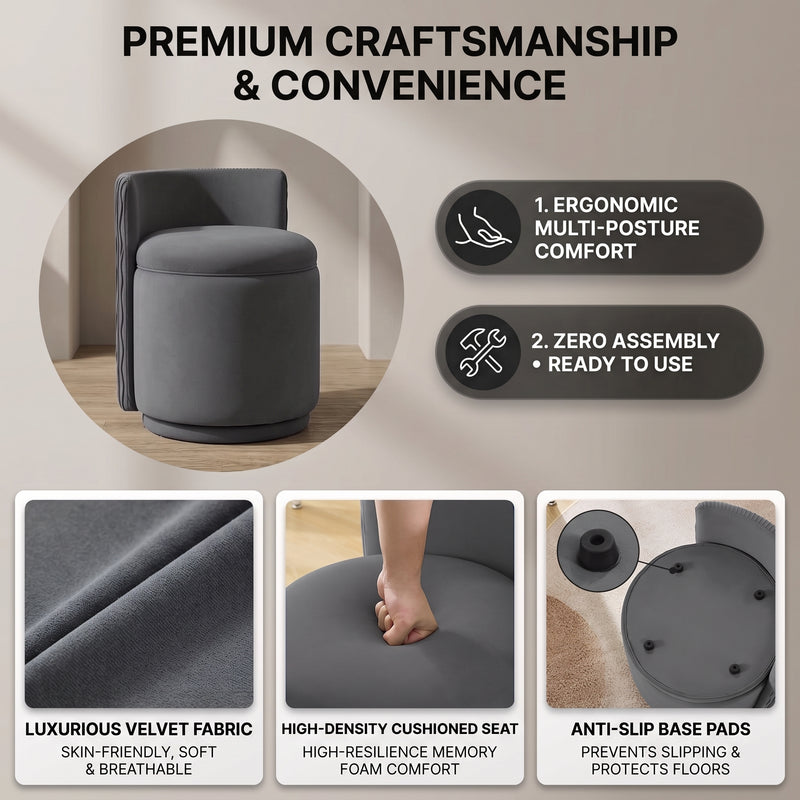 VANITY CHAIR WITH STORAGE – 360° SWIVEL VELVET SEAT - 8