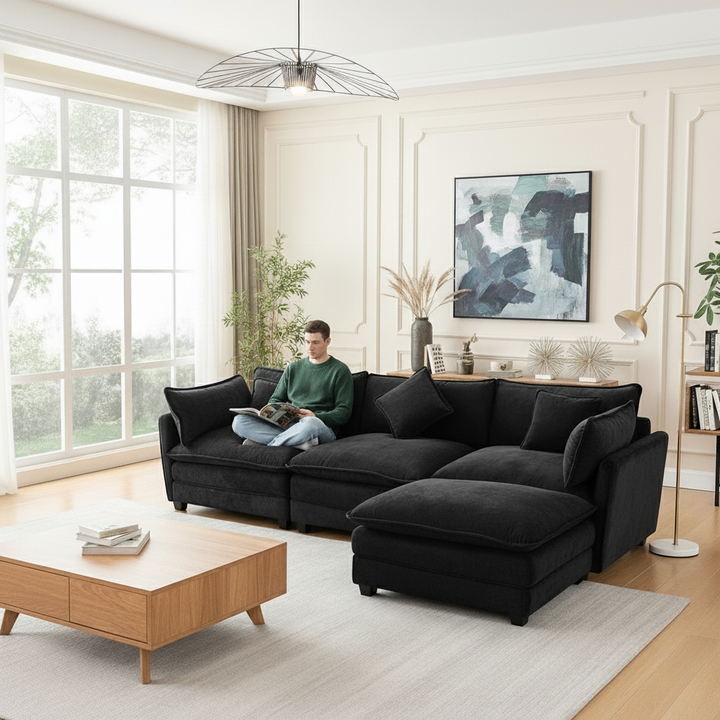 112.2″ L-Shape Chenille Upholstered Sofa with Ottoman & 5 Pillows | Trufairs