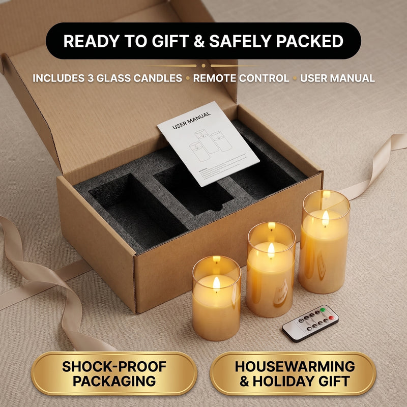 Flameless Candles with Remote & Timer – Glass Pillar Set of 3 - 8