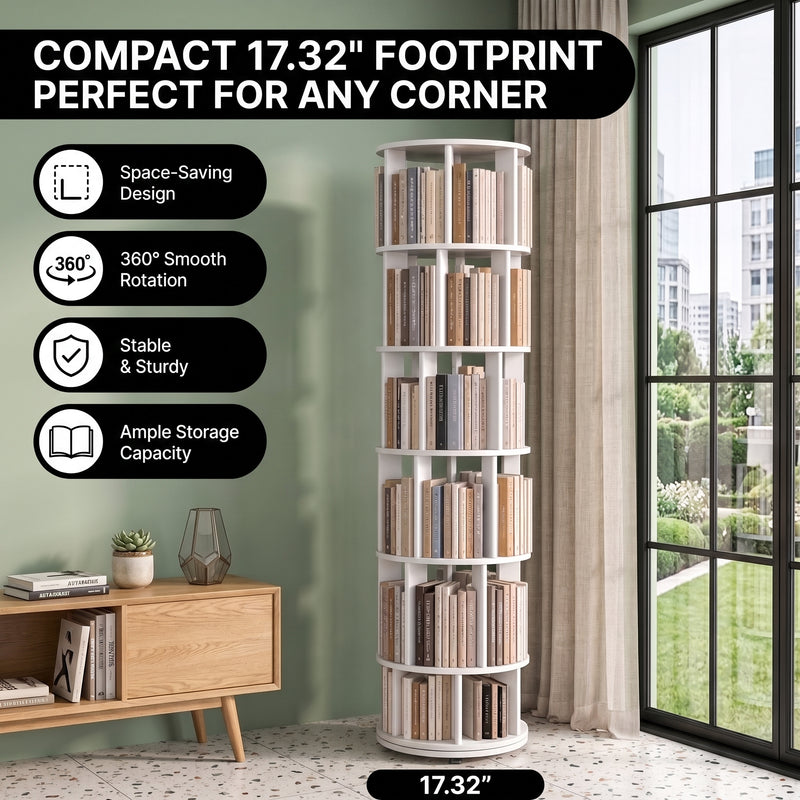 Rotating Bookshelf Tower – 360° Spinning Bookcase | 5 & 6-Tier, Solid Wood & MDF - 8