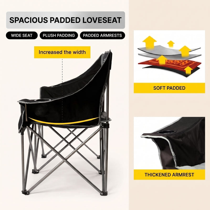 Oversized Padded 3-Person Folding Camping Loveseat Chair – Heavy Duty Outdoor Seating - 8