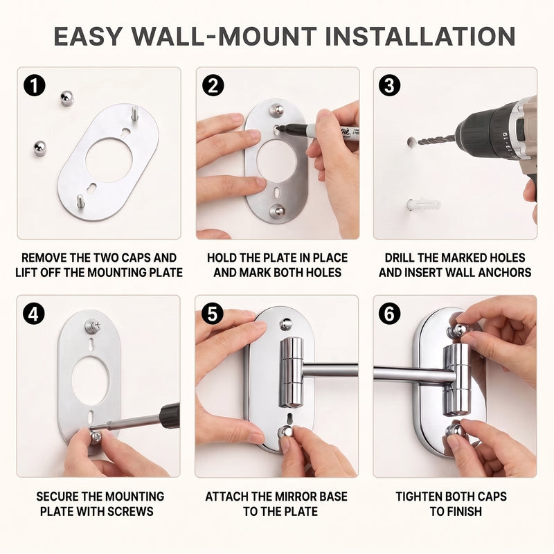 Rechargeable Wall Mounted Makeup Mirror with LED Light – Adjustable Brightness, Magnifying - 8