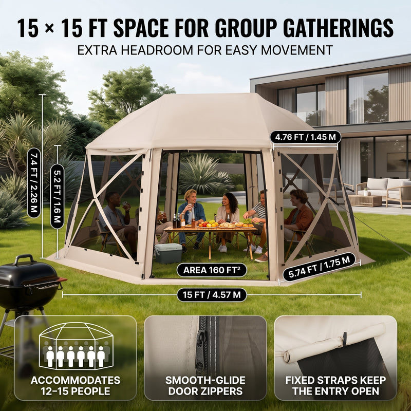 15x15 Pop-Up Gazebo Screen Tent – Large Outdoor Screen House with Mesh Walls & Carry Bag - 8