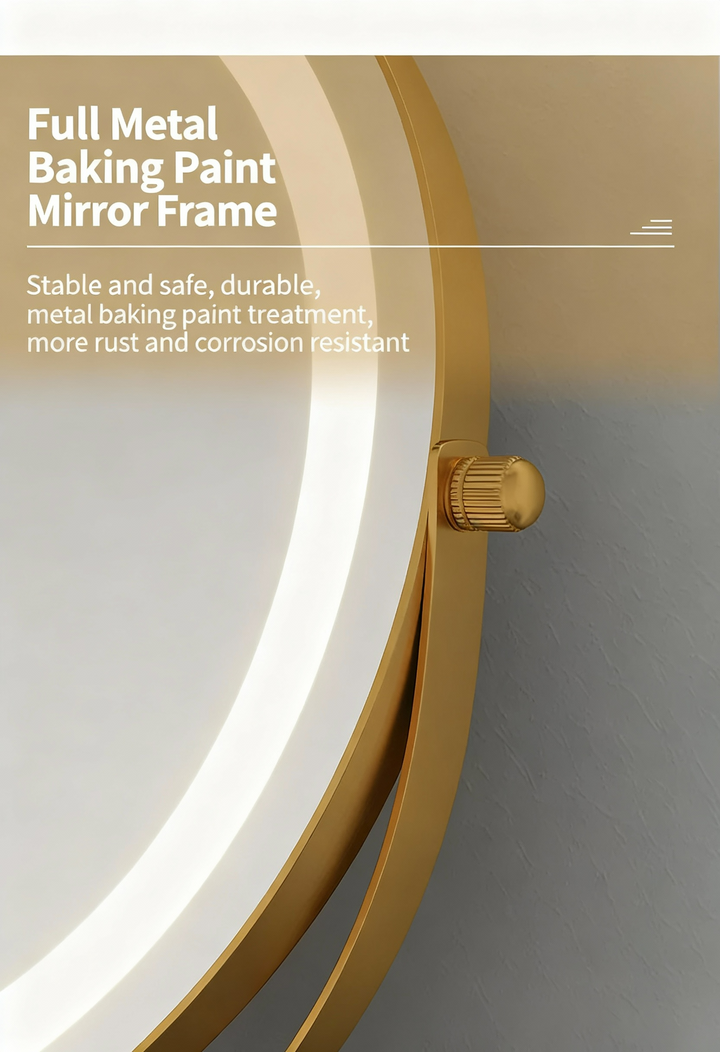 Metal Desktop Makeup Mirror  3-Level LED Lighted Vanity Mirror  Adjustable Rotating Makeup Mirror for Clear Imaging