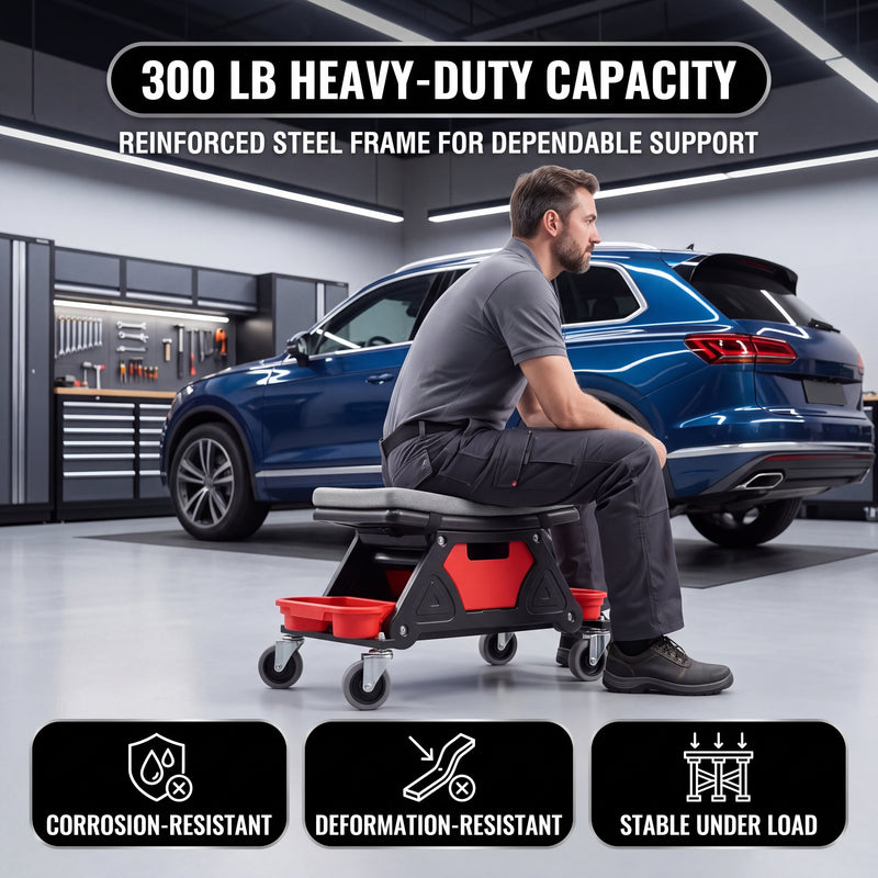 Mobile Mechanic Toolbox Seat with Drawers - Rolling Mechanic Stool with Sliding Tool Tray, Shop Stool with Wheels for Garage & Workshop, Auto Repair - 8