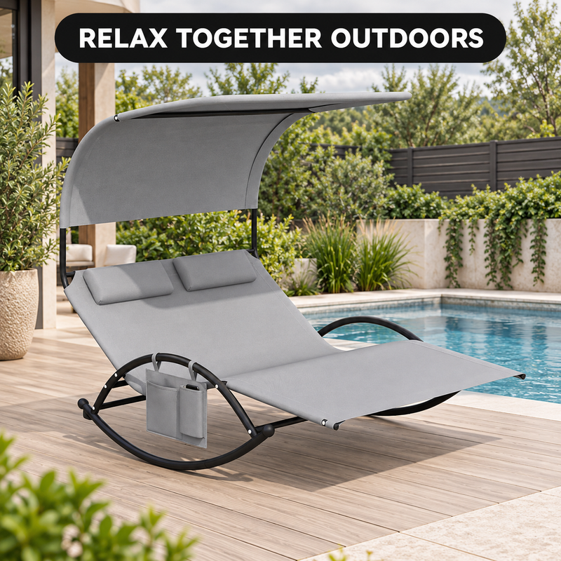 Outdoor Chaise Lounger with Canopy – Single & Double 2-Person Patio Sun Lounger with Cushions & Headrest - 8