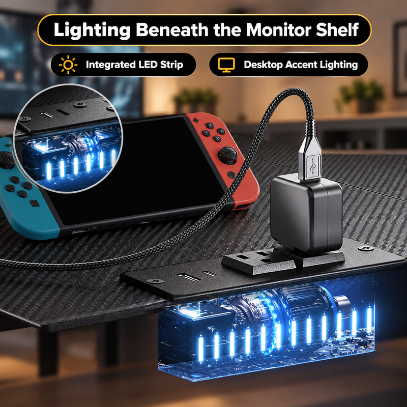 L-Shaped Gaming Desk with LED Lights & Power Outlets - 8 h