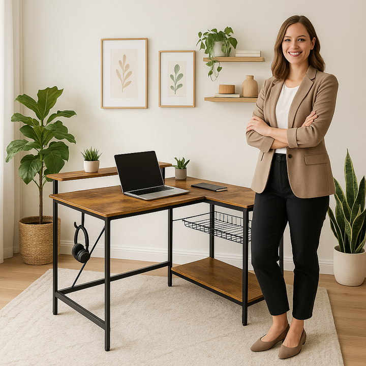 LumoEdge Reversible L-Shaped Desk with LED Lights & Power Hub – Rustic Brown