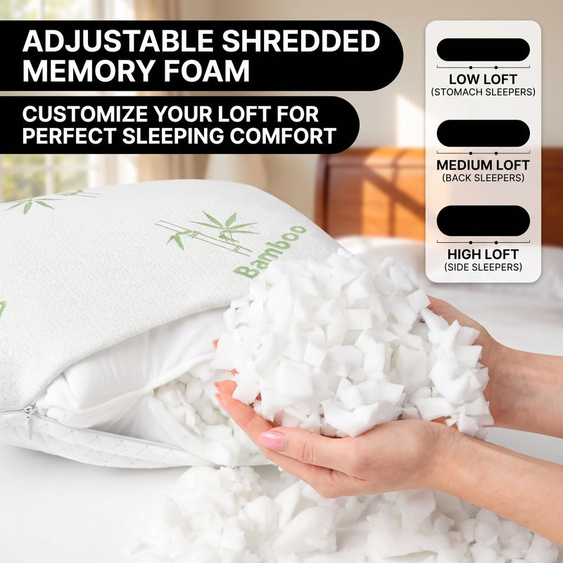 Adjustable Cooling Shredded Memory Foam Pillows, Set of 2 – Standard, Queen & King - 8tgh