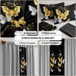 Infographic showing the 9-piece room-in-a-bag set contents: bedspread, 2 pillowcases, 2 print curtains, 4 solid curtains