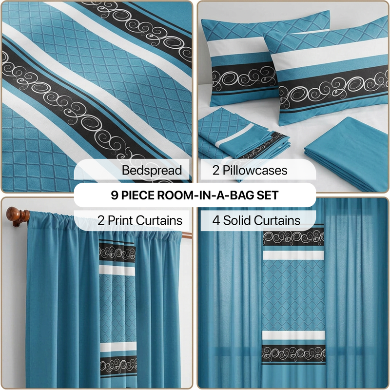 Infographic showing the 9-piece room-in-a-bag set contents: bedspread, 2 pillowcases, 2 print curtains, 4 solid curtains