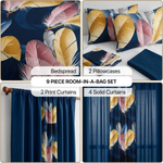 Infographic showing the 9-piece room-in-a-bag set contents: bedspread, 2 pillowcases, 2 print curtains, 4 solid curtains