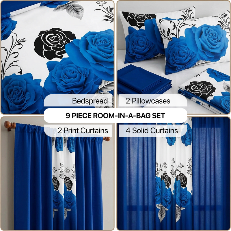 Infographic showing the 9-piece room-in-a-bag set contents: bedspread, 2 pillowcases, 2 print curtains, 4 solid curtains
