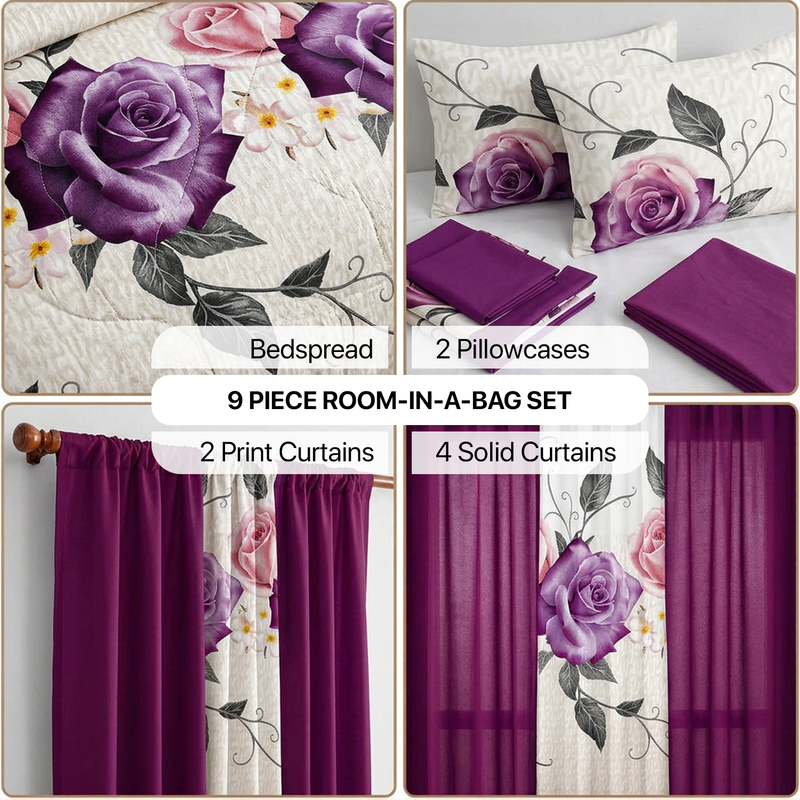 Infographic showing the 9-piece room-in-a-bag set contents: bedspread, 2 pillowcases, 2 print curtains, 4 solid curtains