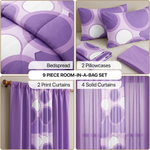 Infographic showing the 9-piece room-in-a-bag set contents: bedspread, 2 pillowcases, 2 print curtains, 4 solid curtains