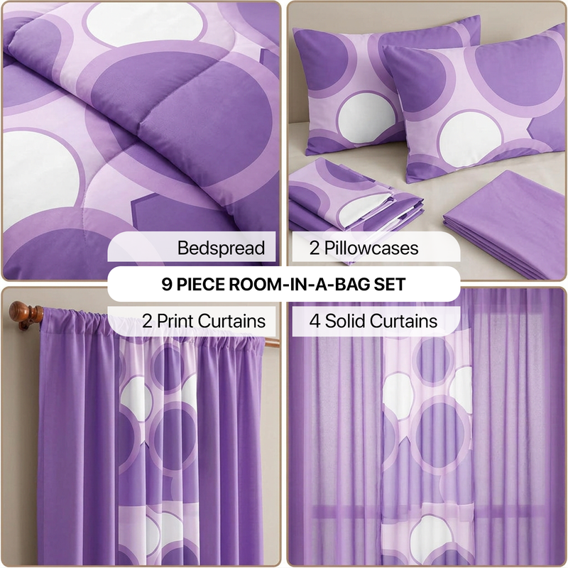 Infographic showing the 9-piece room-in-a-bag set contents: bedspread, 2 pillowcases, 2 print curtains, 4 solid curtains