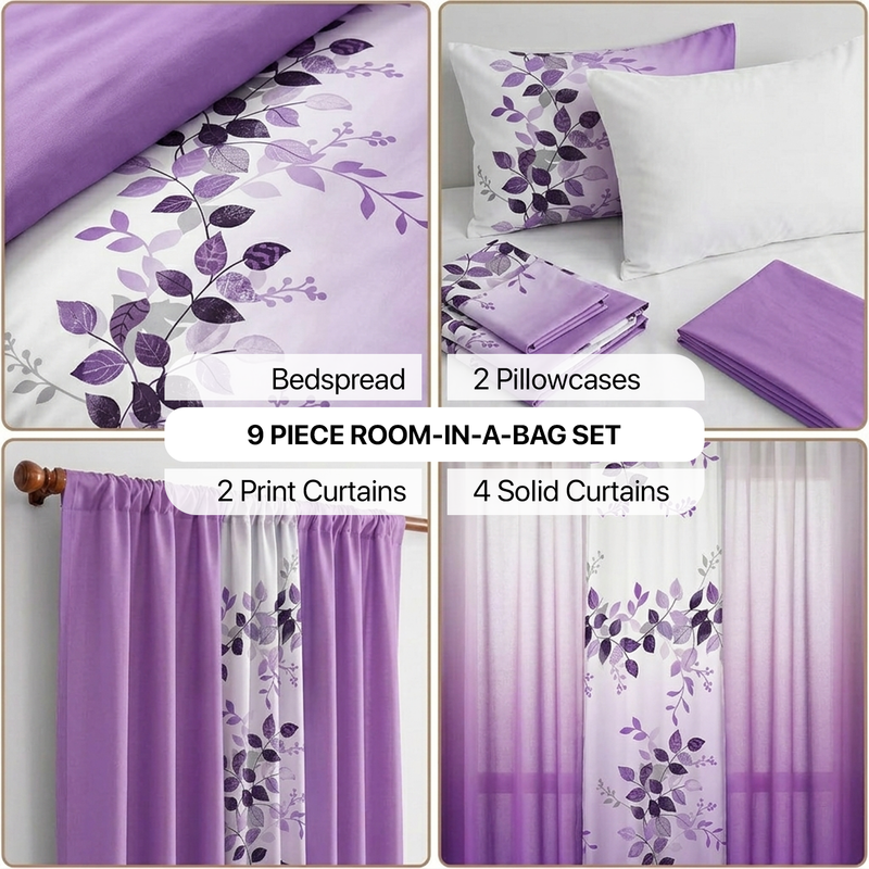Infographic showing the 9-piece room-in-a-bag set contents: bedspread, 2 pillowcases, 2 print curtains, 4 solid curtains