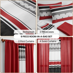 Infographic showing the 9-piece room-in-a-bag set contents: bedspread, 2 pillowcases, 2 print curtains, 4 solid curtains