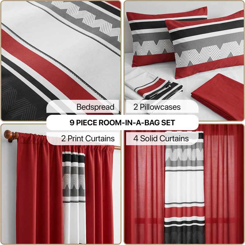 Infographic showing the 9-piece room-in-a-bag set contents: bedspread, 2 pillowcases, 2 print curtains, 4 solid curtains