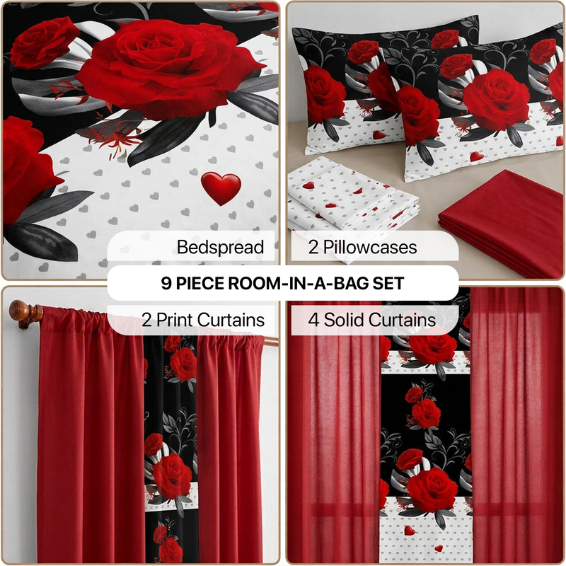 Infographic showing the 9-piece room-in-a-bag set contents: bedspread, 2 pillowcases, 2 print curtains, 4 solid curtains