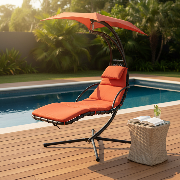 Outdoor Hanging Chaise Swing Orange - Lounger Chair with UV Canopy, Cushion & Stand for Garden Porch Comfort