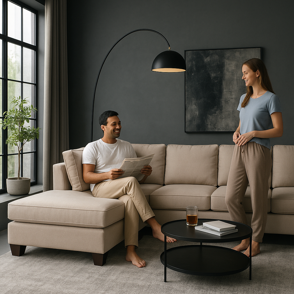 Tan Beige Blue Right Facing L-Shaped Sectional Sofa