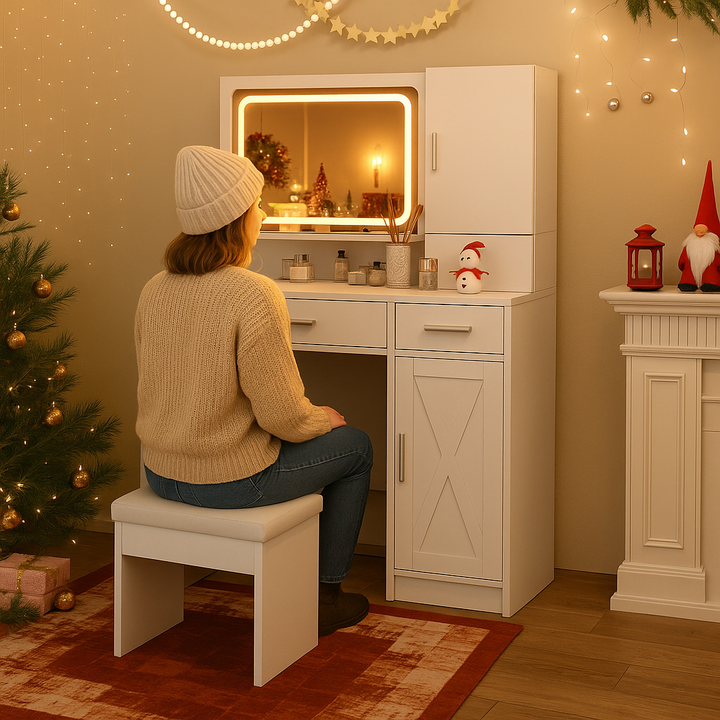 Professional LED Makeup Vanity Station: Complete Dressing Table Set with Built-In Charging & Jewelry Organization