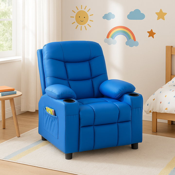 Premium PU Leather Kids Recliner Chair with Dual Cup Holders & Storage Pockets - Ergonomic Youth Furniture with 130° Recline