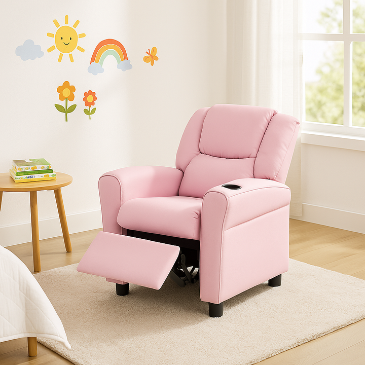 Premium  PU Leather Kids Recliner Chair with Front Footrest & Cup Holder - Solid Wood Frame Children's Furniture for Ages 2-12