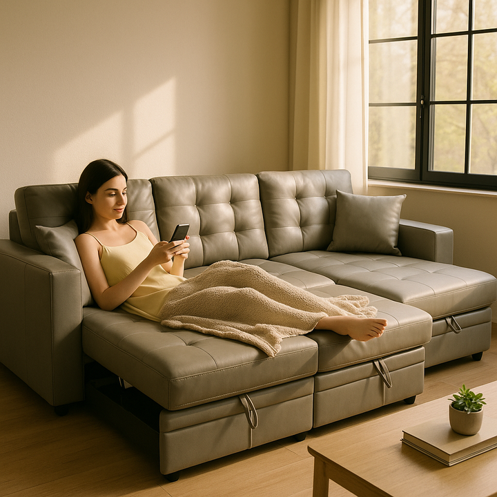 Premium Light Gray Faux Leather Sectional Sofa Bed - Modern L-Shaped Couch with Reversible Storage Chaise