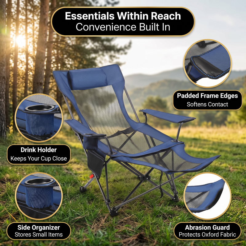 Premium Reclining Camping Chair with Footrest & Headrest – 4-Position Adjustable Recline - 9
