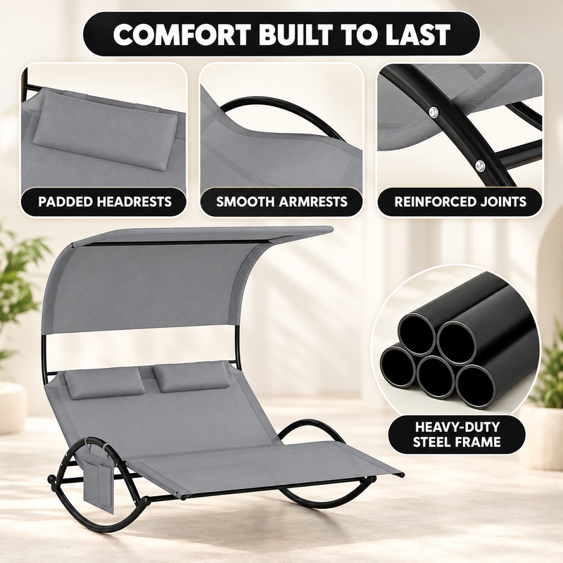 Outdoor Chaise Lounger with Canopy – Single & Double 2-Person Patio Sun Lounger with Cushions & Headrest - 9