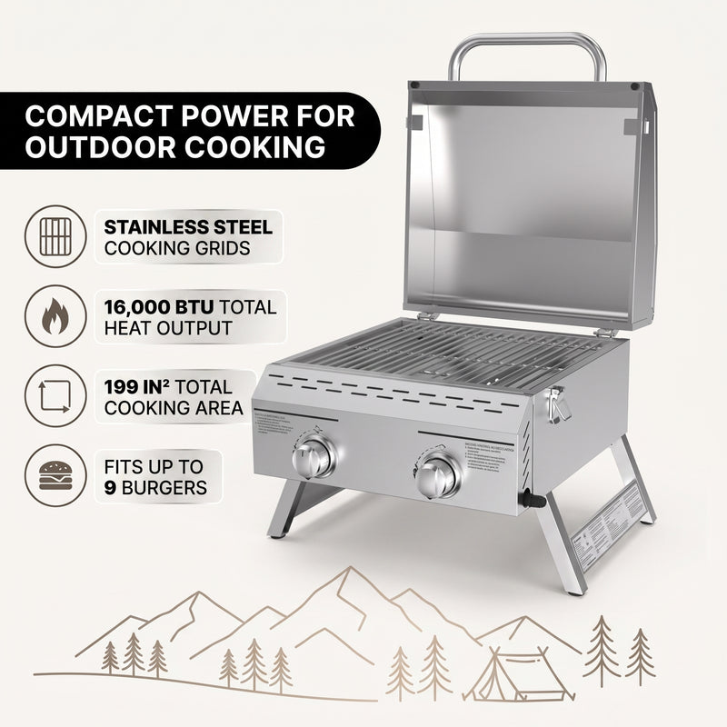 PORTABLE STAINLESS STEEL TABLETOP PROPANE GRILL – 2 & 3 BURNER OUTDOOR BBQ OPTIONS - 9