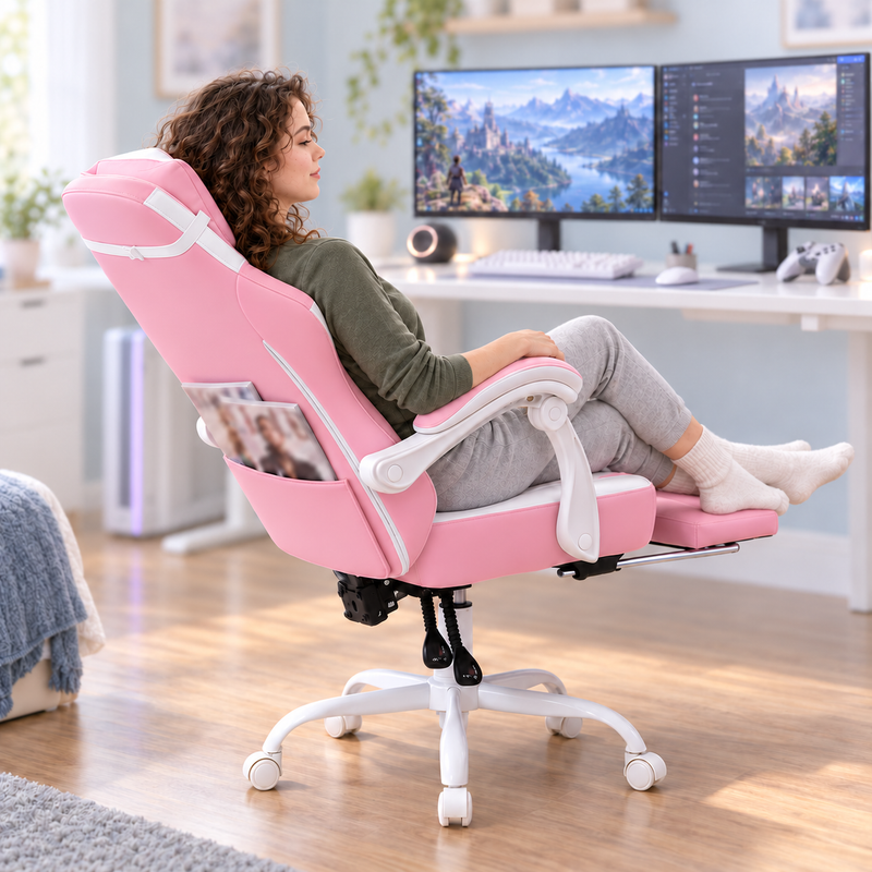 Pink Gaming Chairs – High-Back Reclining Styles with Footrest & Lumbar Support - 9