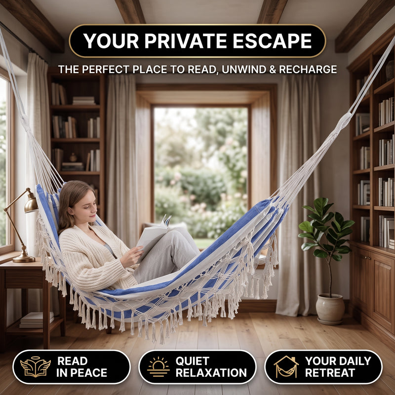 Boho Macrame Double Hammock Swing with Tassels – 2 Person Hanging Chair for Indoor & Outdoor Relaxation - 9